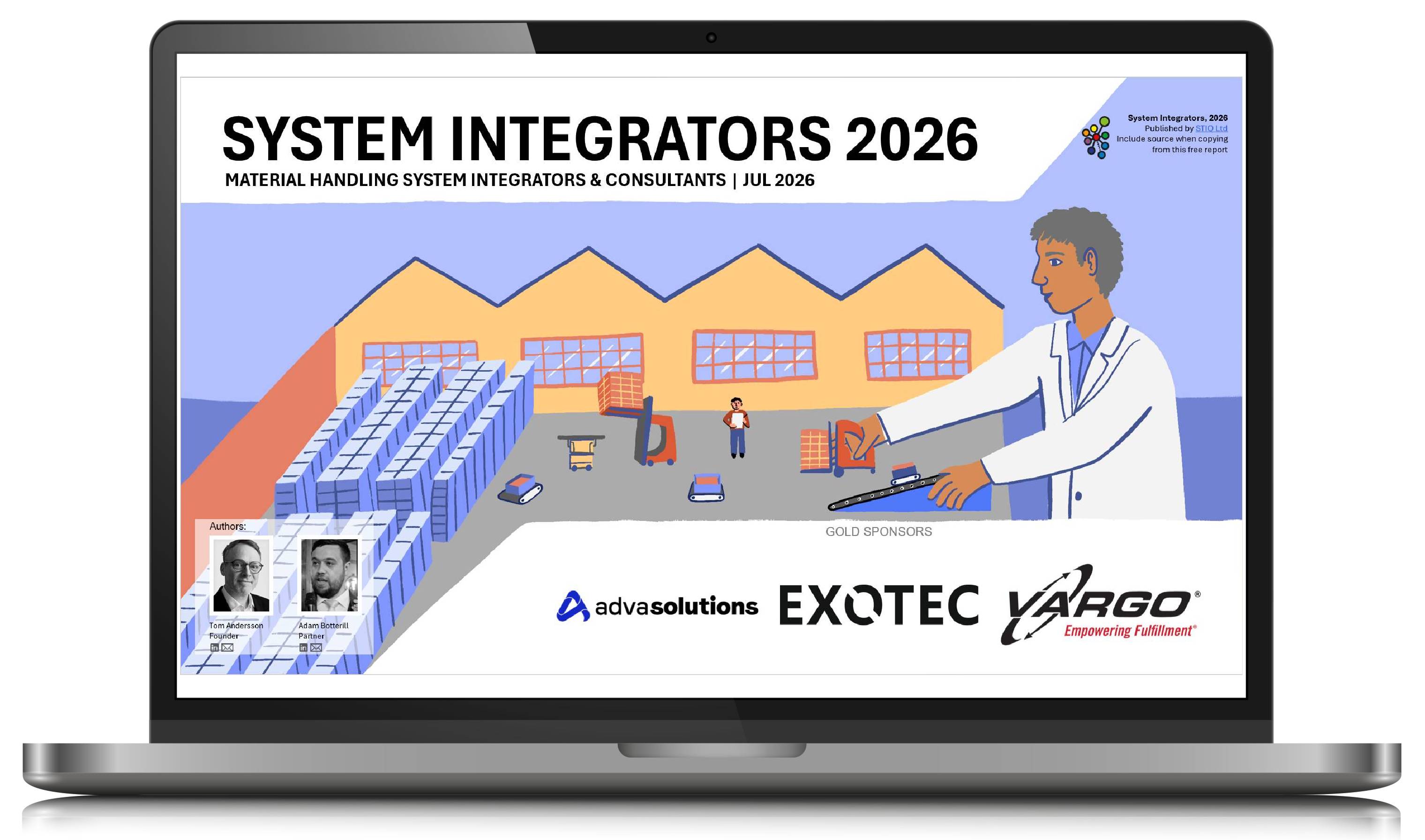 This is the title page for the STIQ System integrators 2026 market report, sponsored by advasolutions, Exotec, and Vargo